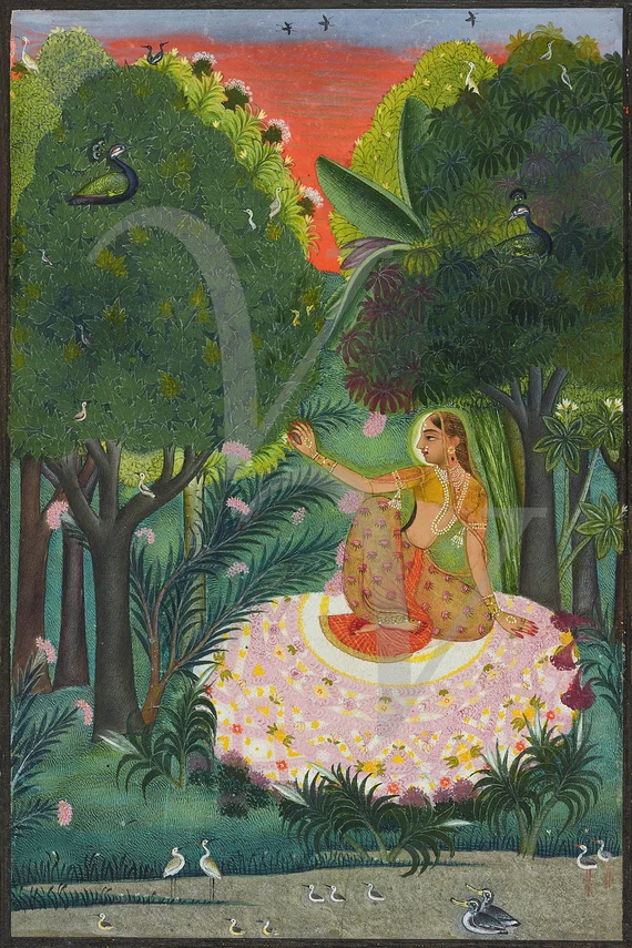 Une peinture miniature traditionnelle illustrant une scène romantique dans un jardin.